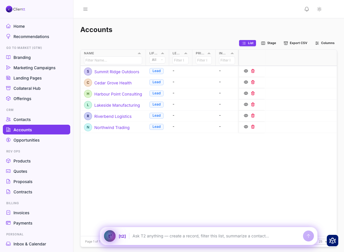 The Accounts list in Clientt