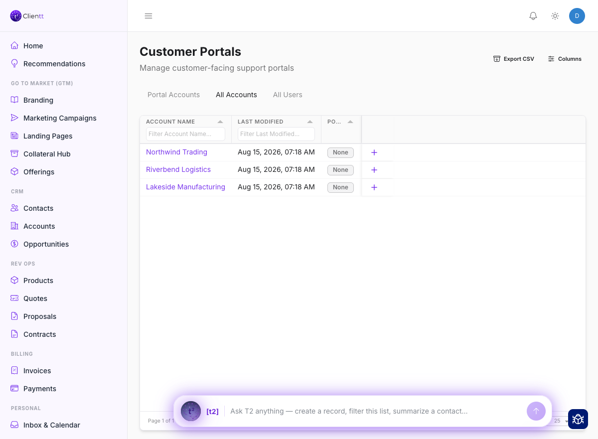 The Customer Portals management screen, listing customer accounts