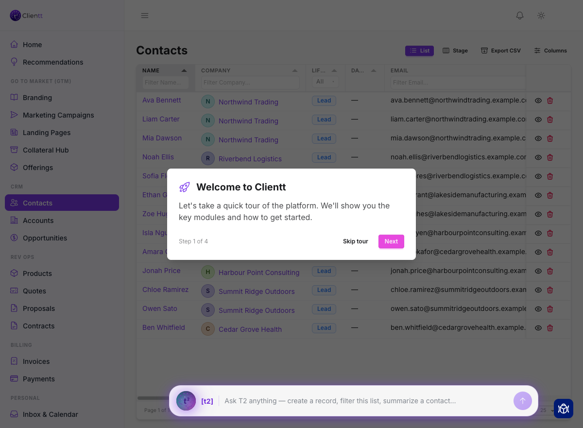 The Welcome to Clientt tour, step 1 of 4, over the Contacts list