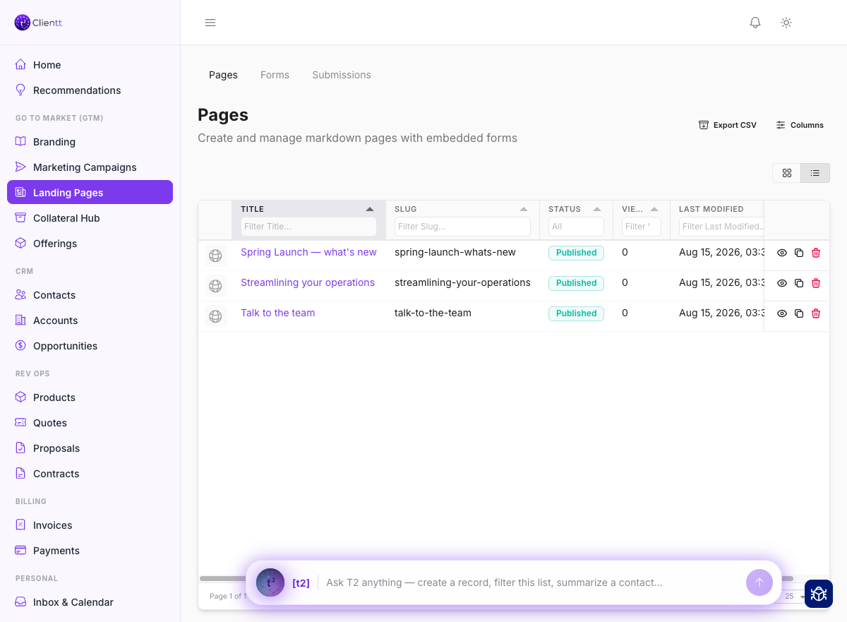 The landing page builder in Clientt
