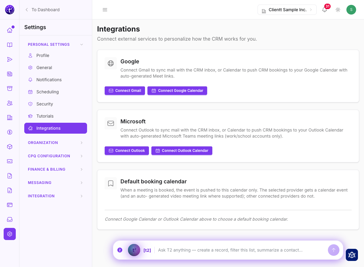 The Integrations page in Clientt Settings